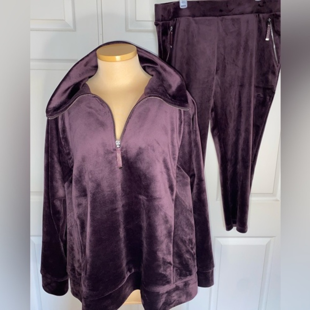 2 PC Chico’s Velour Plum Purple Half Zip Pullover & Ankle Pants Lounge SET